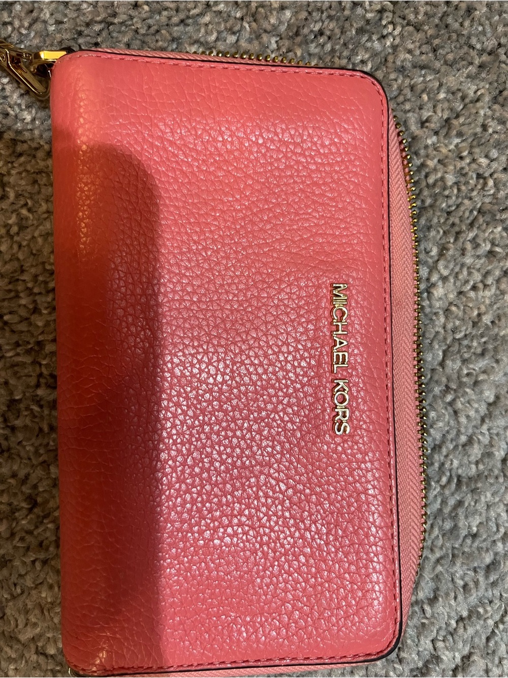 Michael Kors Coral Pebbled Leather Zip Wallet with Gold Hardware